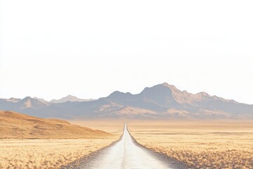 A desert landscape with a long, straight road leading towards distant mountains, set against a white background.