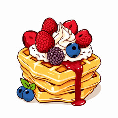 fluffy Belgian waffles topped with whipped cream and berries vector illustration