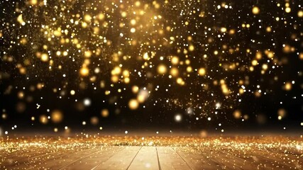 Golden glitter particles background in slow motion. Beautiful transition with real gold particles flying in wind on black background, shot with depth of field. Gold dust bokeh abstract background