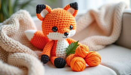 Amigurumi fox creating a cozy atmosphere with bright orange yarn skeins and a tiny leaf on a warm blanket, perfect for handmade shops, knitting magazines, children's or craft publications.
