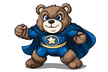 a 2D cartoon illustration of a teddy bear dressed as a superhero, cute and brave, white background