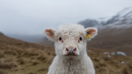 Obraz premium Highland calf stares, misty mountains backdrop; farm animal portrait