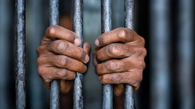 Hands gripping prison bars, conveying themes of captivity, imprisonment, and the loss of freedom