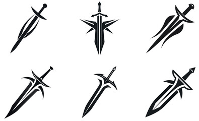 This image showcases six distinct, stylized sword designs.