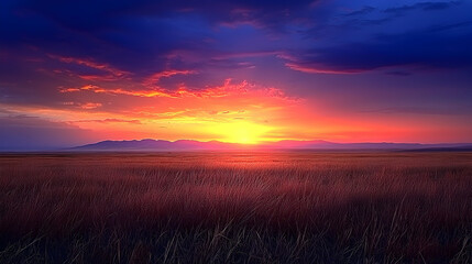 Fototapeta premium Vibrant sunset over plains, fiery sky, calm field. Landscapes