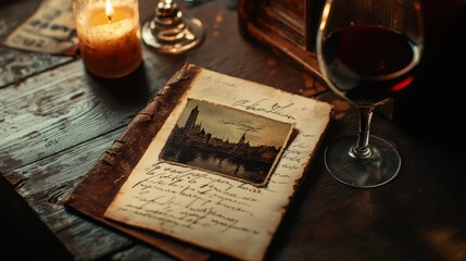 Fototapeta premium Nostalgic Still Life: Old Letter, Wine, and Candlelight