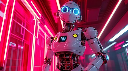 Retro robot with metallic limbs and colorful buttons, posing in a neon-lit 80s-inspired room