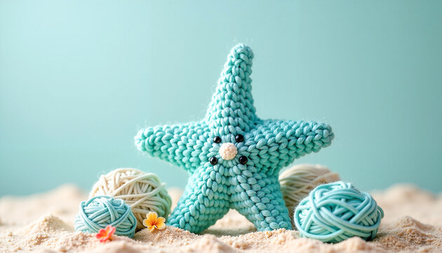 Beautifully knitted turquoise starfish surrounded by matching yarn skeins and small floral details on a sandy beach table background, perfect for handmade shops, knitting magazines, craft blogs