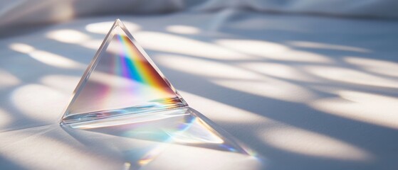 A shimmering prism on a white cloth refracts light into a subtle rainbow, encapsulating delicate beauty and scientific marvel.
