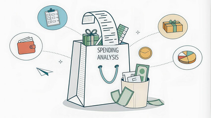 Minimalistic flat design: receipts folding into a shopping bag, surrounded by expense categories, [spending analysis], depicting budgeting concepts.