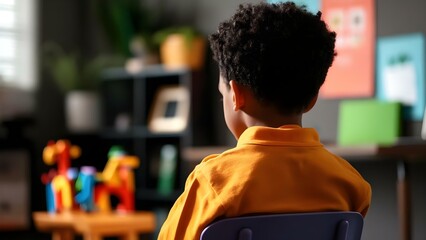 Fototapeta premium A child with curly hair is sitting in a classroom, facing away from the camera, with colorful toys and classroom decor in view. Concept Classroom Environment, Child's Perspective, Educational Decor