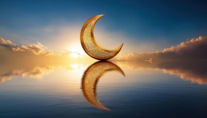 The golden crescent moon lights the calm water, symbolizing hope and unity during Ramadan.