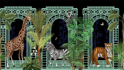 Border with architectural arch, portal, animals and tropic trees. Vector. © Yumeee