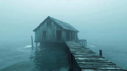 Misty Seascape with Abandoned House on Water Under Foggy Conditions
