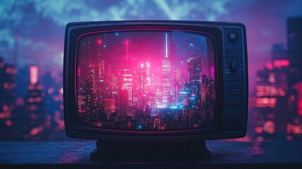 Old TV set showing futuristic cityscape, glowing neon and VHS static effect 