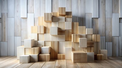 Wooden block arrangement against a wood panel background showcasing a minimalist aesthetic