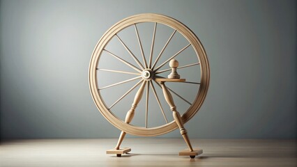 A Classic Wooden Spinning Wheel with a Small Decorative Object on a Simple Wooden Floor