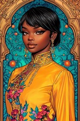 Fototapeta premium Elegant Black Woman in Ornate Gold and Floral Dress, Art Deco Style Portrait