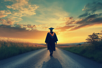 A lone graduate walking away on a long road, symbolizing the journey of life ahead.