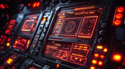 Fototapeta premium Close-up of retrofuturistic gadgets with buttons, dials, and glowing screens 