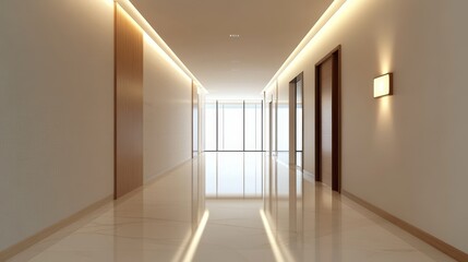 Fototapeta premium Modern Office Corridor Interior Design - Bright, modern hallway with marble floors, wood accents, and large windows. Clean and minimalist aesthetic. Ideal for corporate or luxury settings