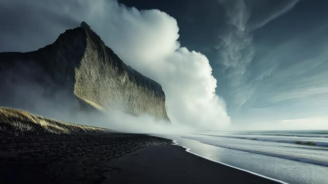 Black sand beach storm at Sandvik in Iceland creates dramatic coastal landscape, Black sand beach sandstorm Sandvik Iceland