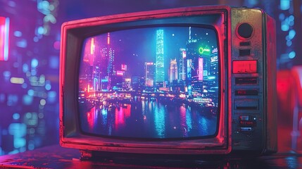Obraz premium Close-up of retro TV showing a neon-lit city, with VHS static and colorful distortion 
