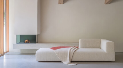 Modern living room with minimalist design featuring a cozy sofa and fireplace