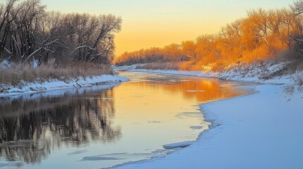 Winter River Glowing at Sunset