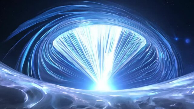 A massive burst of radiant white-blue energy erupts in deep space, creating a powerful wave of cosmic force. Concept of intergalactic energy release and futuristic phenomena