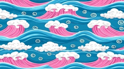 Obraz premium Cartoon ocean waves with pink crests, clouds, spirals in a repeating pattern for fabric or wallpaper