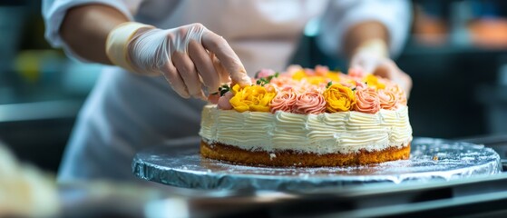 A baker, gloved, intricately decorates a cake with floral icing, embodying artistic finesse and culinary mastery in a bustling kitchen.
