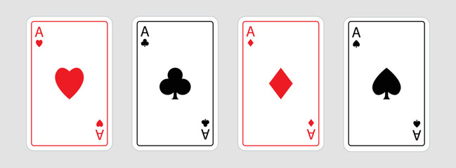Playing card set. Four aces icon. Poker cards suits. Hearts, diamonds, clubs, spades ace. Winning poker hand. Las Vegas Casino gambling concept. Simple flat design. Isolated. White background. Vector