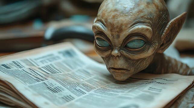 Alien reading newspaper