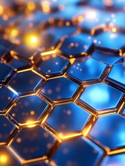 Abstract Hexagon Pattern Background - Close-up view of a dynamic hexagon pattern with glowing blue and gold accents. Perfect for tech, science, or design projects