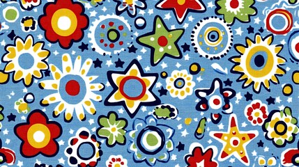 Cheerful floral pattern on blue background, colorful and fun, usable for wallpaper or wrapping paper