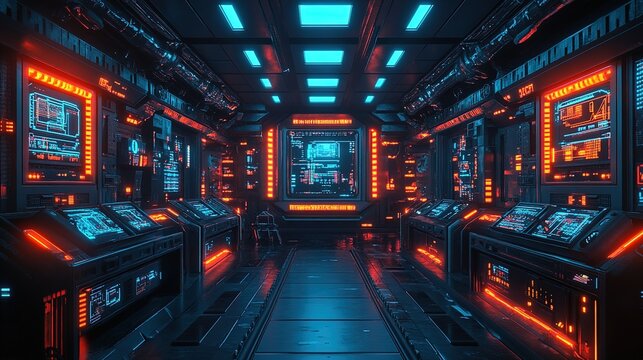 Analog computer room filled with neon screens and flashing lights, retrofuturistic vibes 