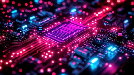 Obraz premium Abstract view of a retro computer circuit board glowing with neon lights and vibrant colors