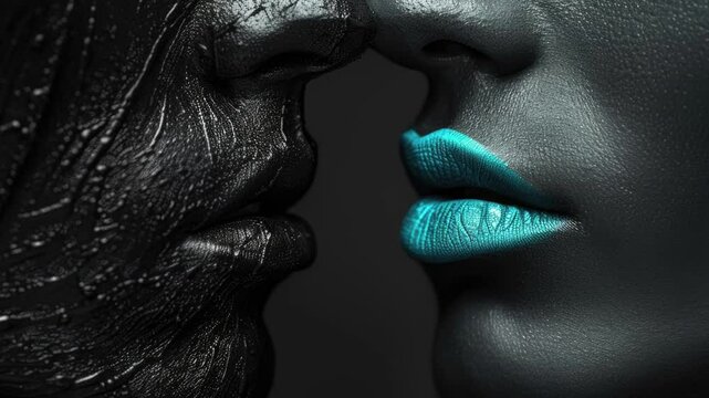 A close-up of two faces with black and blue makeup, focusing on their lips.
