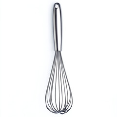 A High-Quality Stainless Steel Whisk with a Wooden Handle, Isolated on a White Background, Perfect for Cooking, Baking, and Kitchen Preparation