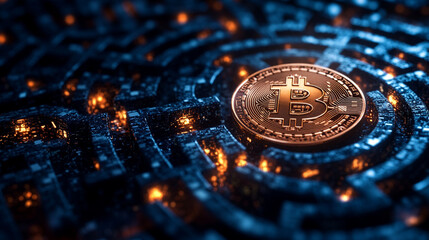 digital labyrinth featuring cryptocurrency symbols, with prominent Bitcoin at its center, evokes sense of mystery and innovation