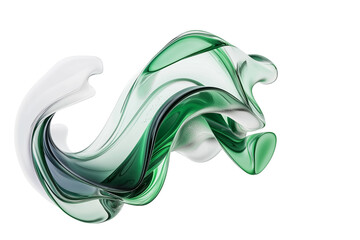 3D render of flowing glass with green and white colors, isolated on Transparent PNG format Background. 