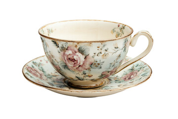 A beautiful vintage porcelain tea cup with a floral pattern, isolated on Transparent PNG format Background. 