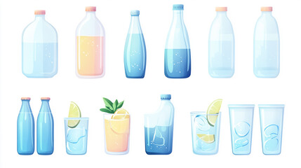 Various beverage bottles and glasses in cartoon style. Different types of drinks, like water, soda, juice, and cocktails, are depicted in various containers.