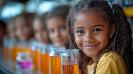 Young girls smiling while participating in fun science experiment with colorful liquids. Their enthusiasm is contagious and joyful