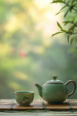 A serene still life of a green tea pot and cup, placed on a bamboo mat with a blurred nature background.