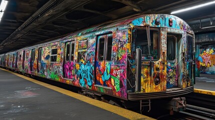 Fototapeta premium Abandoned Graffiti Subway Train Art in a Forgotten Station