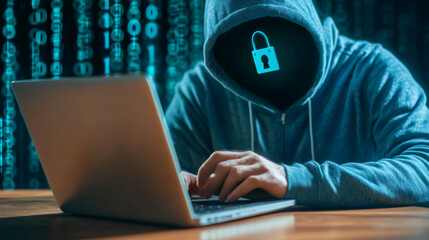 Hooded hacker with digital lock over face is stealing data typing on laptop with binary code background