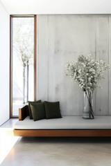 Modern minimalist living space with natural light and floral arrangement