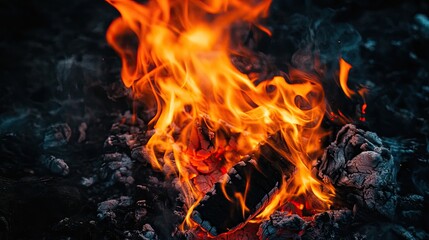 Fototapeta premium A burning fire with bright orange flames, illuminating the surrounding darkness with flickering light.